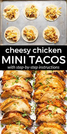 the cover of cheesy chicken mini tacos with step - by - step instructions