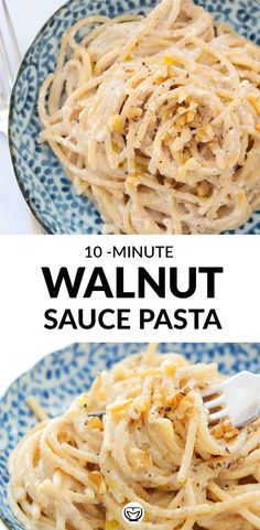 this is an image of a plate of pasta with the title above it that reads 10 minute walnut sauce pasta