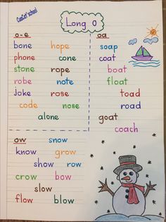 a snowman is in the middle of a long o word chart with words on it