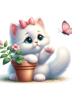 a white kitten sitting next to a potted plant with a butterfly flying above it