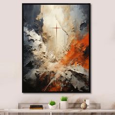 an abstract painting with a cross on it in the middle of a living room area