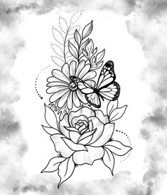 a black and white drawing of flowers with butterflies on it's wings, against a cloudy background