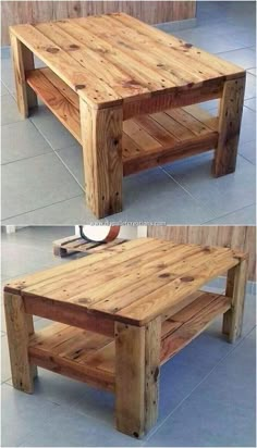 two pictures of a coffee table made out of pallet wood, one with the top turned down