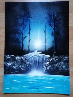 a painting of a waterfall in the middle of a forest with blue water and trees