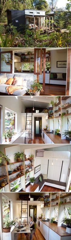 the interior and exterior of a house with plants growing on the roof, stairs leading up to the second floor