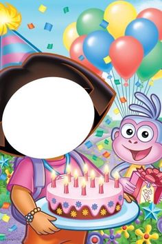 a cartoon character holding a birthday cake with balloons and confetti in the background