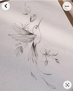 a pencil drawing of a bird with leaves on it's back and wings flying in the air