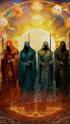 four men in hooded robes standing under an orange and yellow sky with the moon behind them