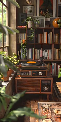 a record player sitting on top of a wooden table in front of a bookshelf