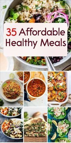 the cover of 35 afordable healthy meals, with pictures of different foods and vegetables