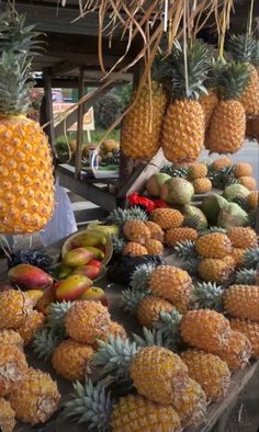 pineapples, bananas and other fruits are on display