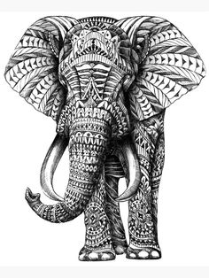 an elephant with intricate designs on it's face is shown in black and white