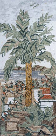 a mosaic wall with a palm tree on it