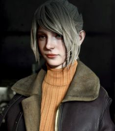 a woman with blonde hair wearing a leather jacket and brown turtle neck sweater is looking at the camera