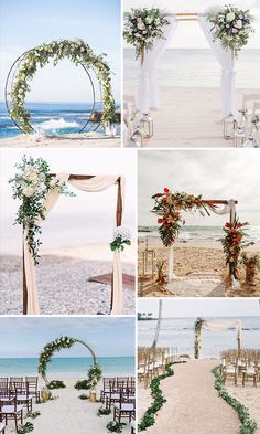 wedding ceremony setups on the beach with white and red flowers, greenery and chairs