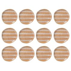 twelve round wooden buttons with stripes on them