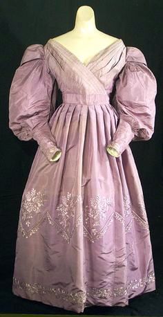 Lavender silk gown, c. 1830 1865 Fashion, 1860s Fashion, Vintage Attire, Historical Dress