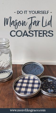 mason jar lid coasters are sitting on a table