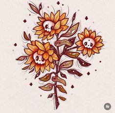 a drawing of sunflowers with skulls on them