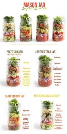 the mason jar is filled with different types of salads and ingredients to make it