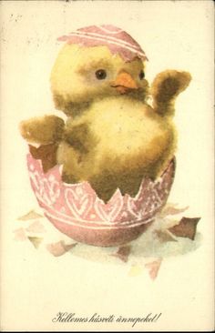 an old fashioned easter card with a duckling in it's egg shell,