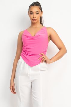 Summer Havana Cowl Neck Top A sleek style crop top with mesh overlay featuring a crew neckline, elasticized sleeve detail, shirred, solid color, and fitted. True to size fit! Contents: 90% NYLON, 10% SPANDEX LINING: 100% POLYESTER Small: 2/4 Medium: 4/6 Large: 8/10 Disclaimers; Our product colors may vary due to lighting and screen resolutions. Trendy Sleeveless Stretch Mesh Top, Trendy Stretch Sleeveless Mesh Top, Spring Ruched Crop Top, Spring Ruched Fitted Crop Top, Chic Ruched Mesh Top For Spring, Spring Fitted Ruched Crop Top, Trendy Ruched Cropped Crop Top, Fitted Ruched Crop Top For Spring, Fitted Ruched Crop Top