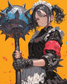 an anime character holding a large metal object with spikes on it's head and arm