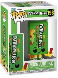 a pop vinyl figure in a box with the word mike and ike on it's face