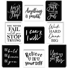 black and white handwritten quotes are arranged in the shape of square magnets