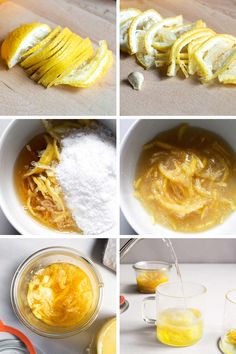 four pictures showing how to make lemon custard cake with oranges and other ingredients