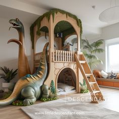 a child's bedroom with a dinosaur themed bed and play area in the corner