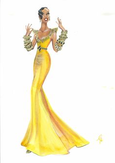 a drawing of a woman in a yellow dress with her hands up to the side