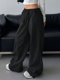 Black Casual Collar  Woven Fabric Plain Wide Leg Embellished Slight Stretch  Women Clothing Wide Leg Sweatpants, Hippie Pants, Baggy Clothes, Baggy Pant, Womens Sweatpants, Pantalon Large, Loose Pants, Lovely Clothes, Pants Outfit