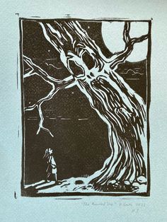 Original linocut print depicting a girl encountering a haunted tree on a moonlit night. We hate to say "we told you so!" when we warned her to not sneak out of her bedroom window after dark.  Paper size: 8" x 10" (20cm x 25.5cm)  Actual print size: 5" x 7" (13cm x 18cm) Oil print on archival toned paper. Signed and numbered by me. Halloween Lino Print, Trees Linocut, Halloween Linocut, Tree Linocut, Haunted Tree, Moonlit Night, Bedroom Window, Dark Cottagecore, Toned Paper