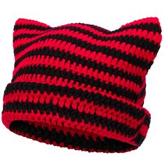 a red and black striped knitted hat