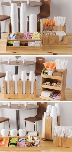 three pictures of different types of food in wooden trays on top of a table