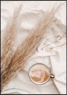 photograph-for-interior-design-of-a-hot-cup-of-coffee-on-white-bed-sheets-with-dried-pampas Cup Of Coffee, Coffee, Bed, White