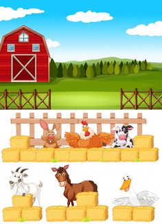 farm scene with animals and hay