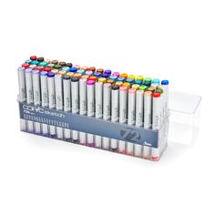 an assortment of markers in a clear holder