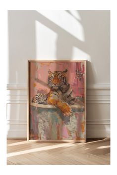 a painting of a tiger sitting on top of a wooden floor next to a wall