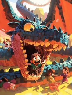 an image of a cartoon character in front of a giant dragon with its mouth open