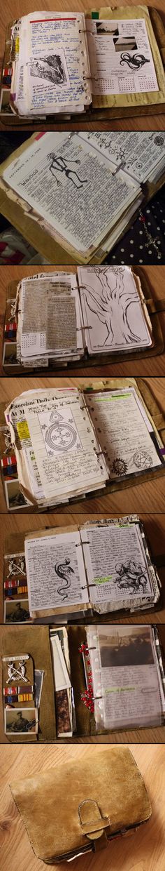 four different views of an open book on a wooden table with papers and pencils