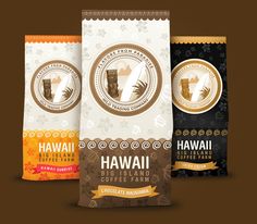 three bags of hawaii coffee on a brown background