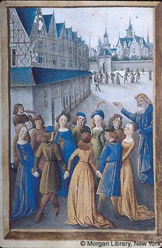 an old painting with people standing around in front of some buildings and one person pointing at something