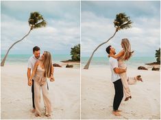 a man and woman are kissing on the beach with palm trees in the back ground