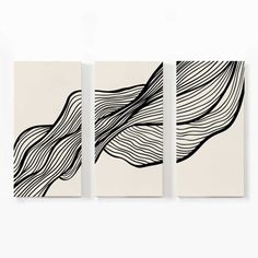 three black and white paintings on a wall next to each other with wavy lines in the middle