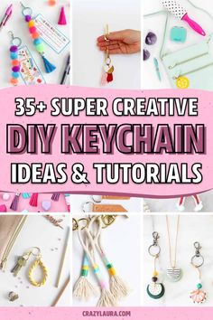 the words super creative diy keychain ideas and tutors are shown in this collage