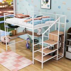 a white loft bed sitting on top of a wooden floor next to a book shelf