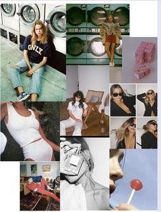 a collage of photos with women in clothes and clothing items, including an image of a woman sitting on top of a washing machine