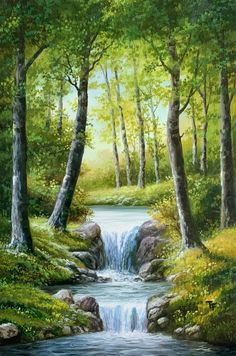 a painting of a stream running through a forest